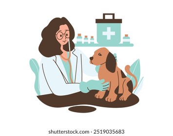 A cartoon illustration of a female veterinarian examining a dog in a clinic. She is wearing a stethoscope and holding the dog's paw.