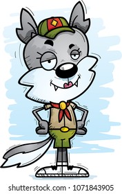 A cartoon illustration of a female wolf scout looking confident.