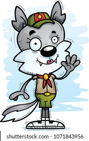 A cartoon illustration of a female wolf scout waving.