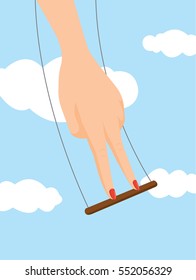 Cartoon illustration of feminine hand balancing on flying trapeze