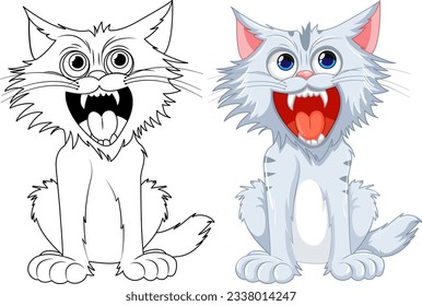 Cartoon illustration of a ferocious cat with an open mouth and sharp teeth, isolated on a white background