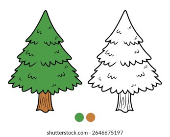 Cartoon illustration of a festive green Christmas tree, both colored and as an outline for coloring. Ideal for holiday activities, children's books, or seasonal designs.