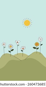 A cartoon illustration of a field of daisies under a bright yellow sun in a light blue sky.
