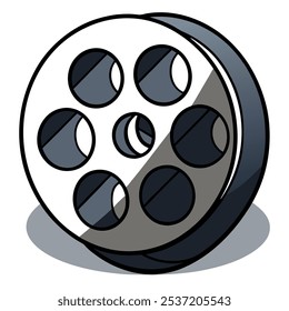 Eine Cartoon-Illustration einer Filmrolle, perfekt, um Ihren Designs einen Vintage-Touch hinzuzufügen. Dieses klassische Icon eignet sich ideal für Projekte, die mit Filmen, Kino oder der Unterhaltungsindustrie zu tun haben.