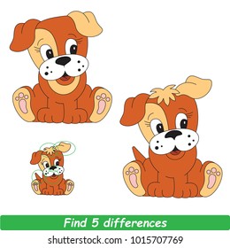 Cartoon Illustration To Find Differences Between Pictures Educational Kid Game With Cute Puppy