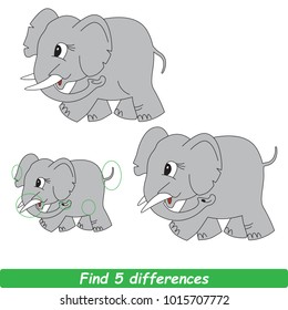 Cartoon Illustration To Find Differences Between Pictures Educational Kid Game With Grey Elephant