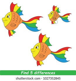 Cartoon Illustration To Find Differences Between Pictures Educational Kid Game With Rainbow Fish