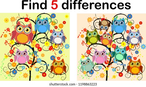 Cartoon Illustration of Find the Differences Educational Activity Game for Children with Owls