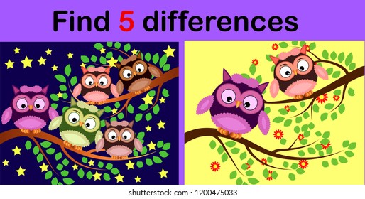 Cartoon Illustration of Find the Differences Educational Activity Game for Children with Owls