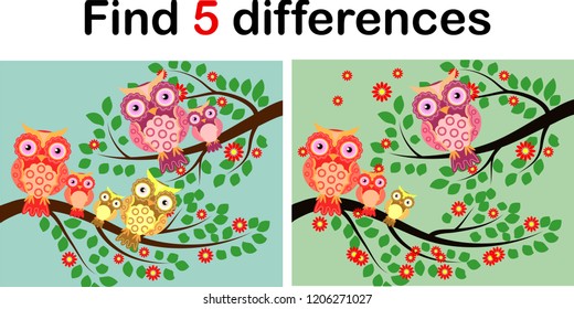 Cartoon Illustration of Find the Differences Educational Activity Game for Children with Owls