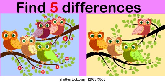 Cartoon Illustration of Find the Differences Educational Activity Game for Children with Owls
