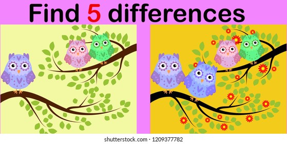 Cartoon Illustration of Find the Differences Educational Activity Game for Children with Owls