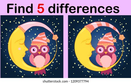 Cartoon Illustration of Find the Differences Educational Activity Game for Children with Owls