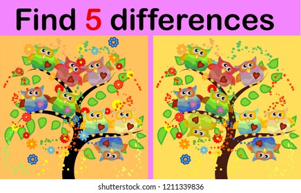 Cartoon Illustration of Find the Differences Educational Activity Game for Children with Owls