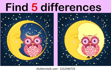 Cartoon Illustration of Find the Differences Educational Activity Game for Children with Owls