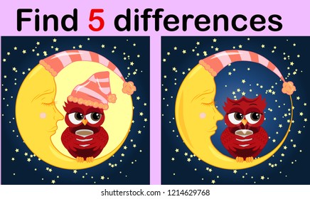Cartoon Illustration of Find the Differences Educational Activity Game for Children with Owls
