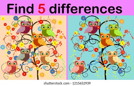 Cartoon Illustration of Find the Differences Educational Activity Game for Children with Owls