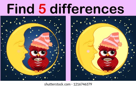Cartoon Illustration of Find the Differences Educational Activity Game for Children with Owls