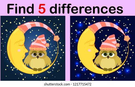 Cartoon Illustration of Find the Differences Educational Activity Game for Children with Owls