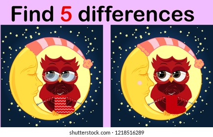 Cartoon Illustration of Find the Differences Educational Activity Game for Children with Owls