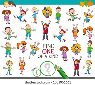 Cartoon Illustration of Find One of a Kind Picture Educational Activity Game for Children with Kid Characters