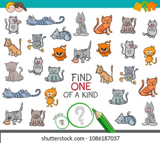 Cartoon Illustration of Find One of a Kind Picture Educational Activity Game for Kids with Cats or Kittens Animal Characters