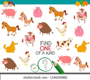 Cartoon Illustration of Find One of a Kind Educational Game for Kids with Farm Animal Characters