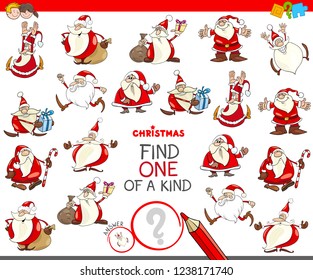 Cartoon Illustration of Find One of a Kind Picture Educational Game for Kids with Santa Claus Christmas Characters