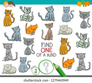 Cartoon Illustration of Find One of a Kind Picture Educational Activity Game for Children with Cats Animal Characters