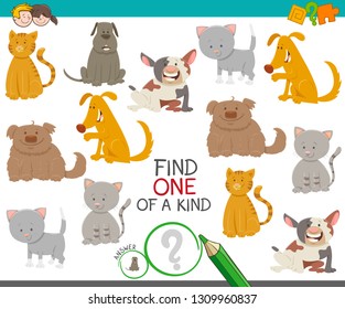 Cartoon Illustration of Find One of a Kind Picture Educational Activity Game with Cute Dogs and Cats Animal Characters