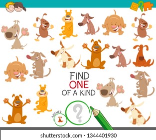 Cartoon Illustration of Find One of a Kind Picture Educational Activity Game with Happy Dogs and Puppies Characters
