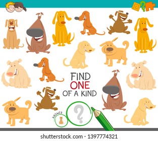 Cartoon Illustration of Find One of a Kind Picture Educational Activity Game with Dogs and Puppies Animal Characters