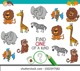Cartoon Illustration of Find One of a Kind Picture Educational Activity Game with Animal Characters