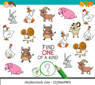 Cartoon Illustration of Find One of a Kind Picture Educational Activity Game for Children with Farm Animal Characters