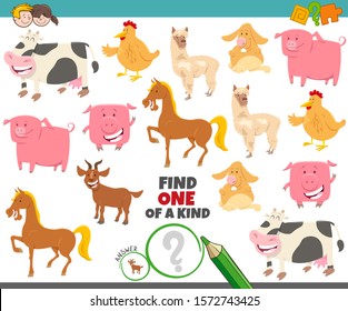 Cartoon Illustration of Find One of a Kind Picture Educational Game with Funny Farm Animal Characters
