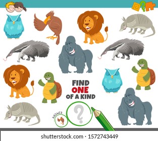 Cartoon Illustration of Find One of a Kind Picture Educational Game with Animal Characters