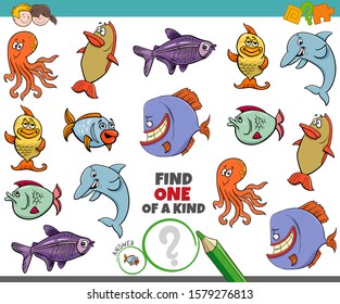 Cartoon Illustration of Find One of a Kind Picture Educational Game with Funny Sea Life Animal Characters