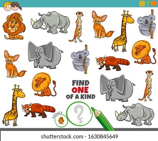 Cartoon Illustration of Find One of a Kind Picture Educational Game with Comic Animal Characters