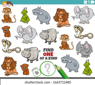 Cartoon Illustration of Find One of a Kind Picture Educational Game with Happy Wild Animal Characters