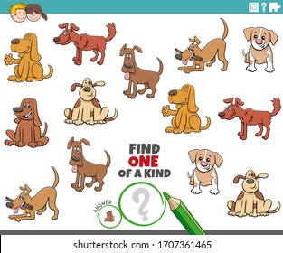 Cartoon Illustration of Find One of a Kind Picture Educational Game with Dogs and Puppies Animal Characters