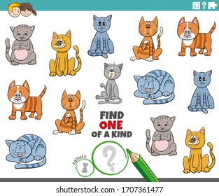 Cartoon Illustration of Find One of a Kind Picture Educational Game with Funny Cats and Kittens Animal Characters