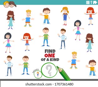 Cartoon Illustration of Find One of a Kind Picture Educational Game with Children and Teen Characters