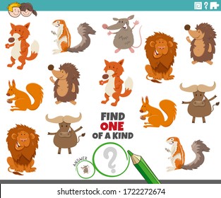 Cartoon Illustration of Find One of a Kind Picture Educational Game with Funny Wild Animal Characters