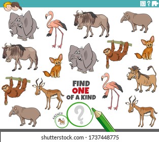 Cartoon Illustration of Find One of a Kind Picture Educational Game with Comic Wild Animal Characters