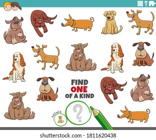 Cartoon Illustration of Find One of a Kind Picture Educational Game with Comic Dogs Animal Characters