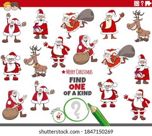 Cartoon illustration of find one of a kind picture educational game with comic Christmas characters