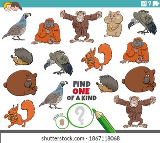 Cartoon illustration of find one of a kind picture educational task with comic wild animal characters