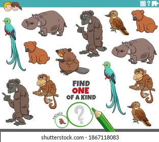 Cartoon illustration of find one of a kind picture educational game with wild animal characters