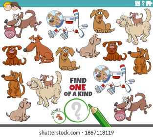 Cartoon illustration of find one of a kind picture educational game with comic dogs animal characters