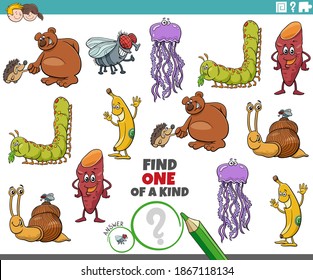 Cartoon illustration of find one of a kind picture educational game with comic characters